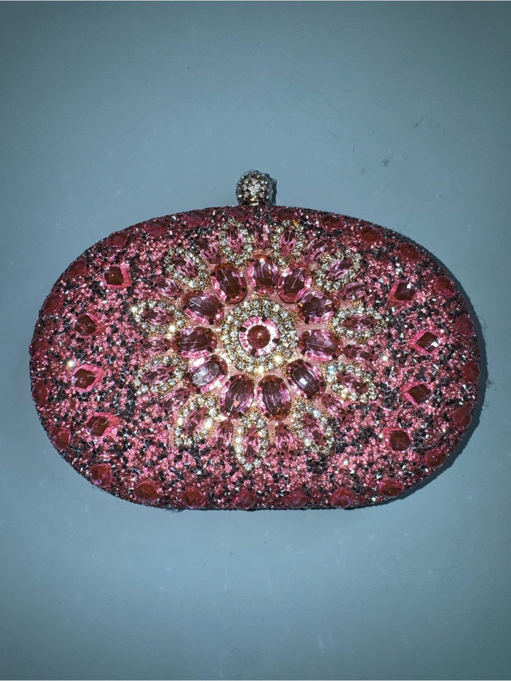 Sparkling Pink Jeweled Oval Evening Clutch